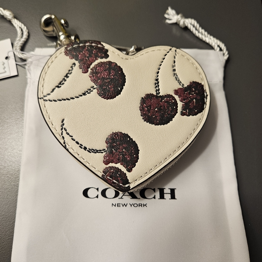 Coach Heart Bag Charm In Cherry Print With Dustbag NWT - Picture 2 of 4